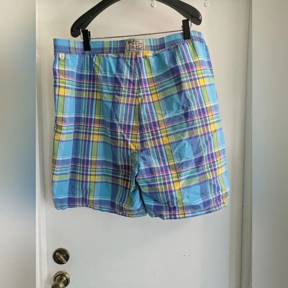 Ralph Lauren Polo Vintage Plaid Men's Cargo Swim Shorts - Blue, Yellow, Green